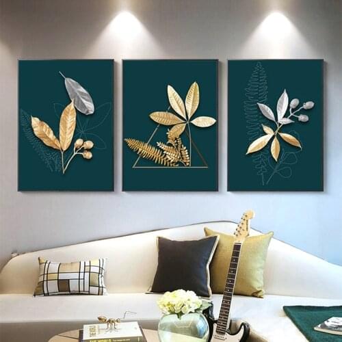 Golden Green Leave Modern Plant Picture Canvas Painting 3 Panles Posters and Prints Wall Art Picture for Living Room Decoration