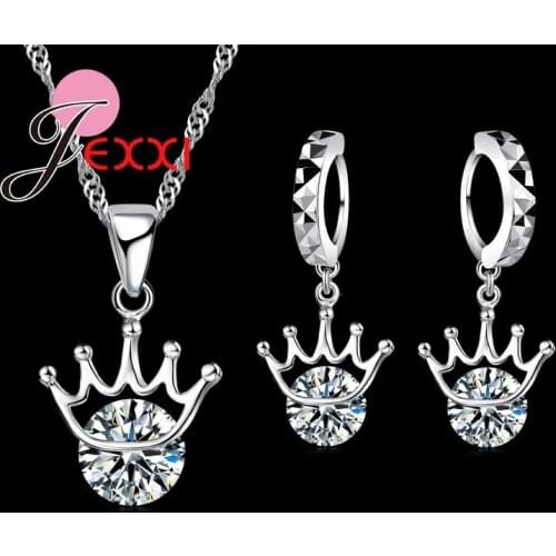 925 Sterling Silver Shinning Crystal Crown Necklace Drop Earrings for Women Bride Wedding Jewelry Sets