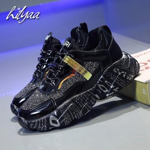 Fashion Platform Sneakers PU Leather Female Bling Chunky Shoes Thick Sole Trainers Outdoor Casual Zapatos Mujer Dad Shoes Women