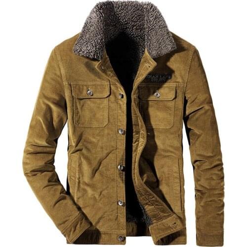 Men Winter Corduroy Warm Jackets Outwear Fur Collar Fleece Lined Mens Jackets Coats Military Jacket Lined Bomber Jacket