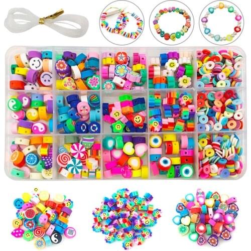 370Pcs Mix Color Smiling Face Clay Beads For DIY Bracelet Jewelry Hand Making Accessories Fruits Polymer Child Puzzle Bead Set