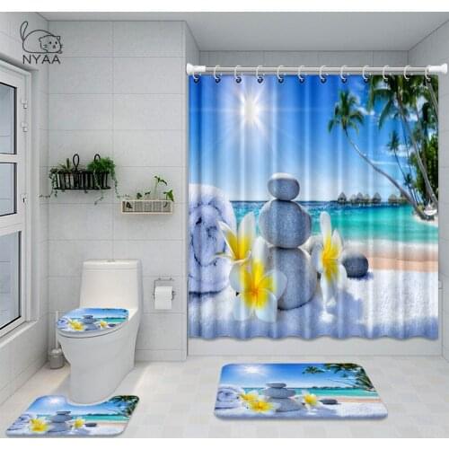 Bathroom Decoration Shower Curtain Set Buddhist Zen Bamboo Flowing Water Anti-slip Carpet Toilet Cover Bathroom Curtain Set