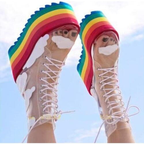 Newest Rainbow Colors Thick Platform Sole Boots Clear PVC Transparent Lace-up Cloud Stars Height Increasing Ankle Boots Shoes