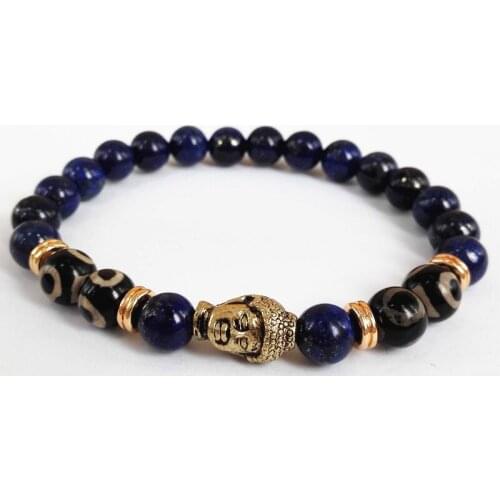 Top Quality Mens Beads Buddha Bracelet 8mm Lapis Lazuli Stone Beads Antique Two Color Buddha Head Yoga Mala Bracelets