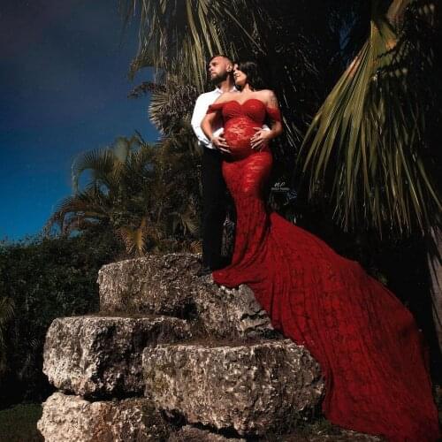 Off The Shoulder Red Lace Mermaid Maternity Dresses See Thru Women Long Pregnancy Gowns Custom Made Photo Shoot