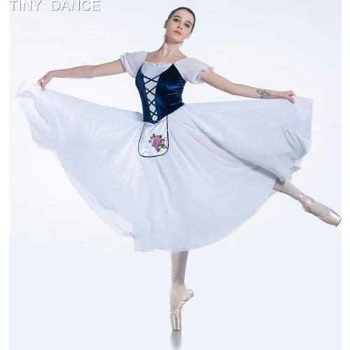 Short Sleeve Dance Costume Navy Blue Bodice and White Chiffon Long Dress for Ballet Dancing Dresses Performance Costumes 19233