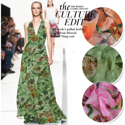 Tulip Flower Printed Chiffon Fabrics for Sewing Pure 100% Natural Silk 6 momme Thin Soft DIY Dress Textile Handwork per Meter