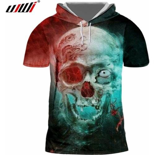 UJWI Dropshipping Tshirt With Hood Men Cool Print Broken Skull 3D T-shirts Summer Tops Homme Workout Exercise Short Sleeve Hoody