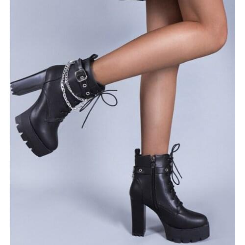 Platform High Heel Boots Women Ankle Boots for Women Fashion Sexy Motorcycle Boots Round Toe Zip Gothic Shoes Large Size 46 701