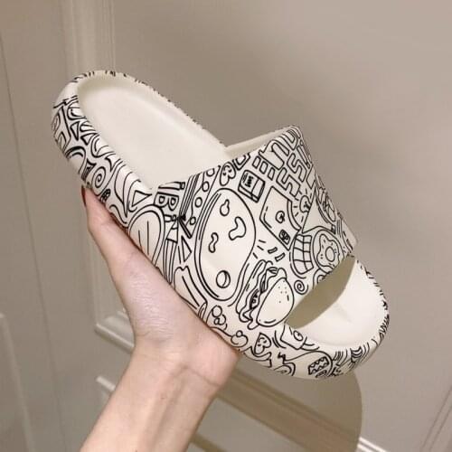 Women Men Summer Slippers Non-slip Beach Slide Sandals Flip Flops Cute Graffiti Soft Sole Comfort Ladies Couples Bathroom Shoes