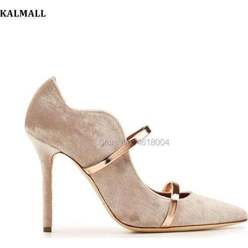 KALMALL Dress Heels Women Velvet High Heels Metal Strap Pumps Pointed Toe Stilettos Party Heels Women Spring Shoes 10 cm