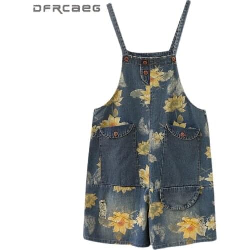 Streetwear Print Flower Denim Women Jumpsuit Short Pants With Pocket 2021 Summer High Waist Salopette Ladies Jeans Short Rompers