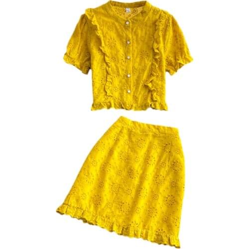 New Summer Women Sets High Quality Sweet Ruffles Embroidery Hollow Out Short Sleeve Short Shirt And Skirt Two Piece Set