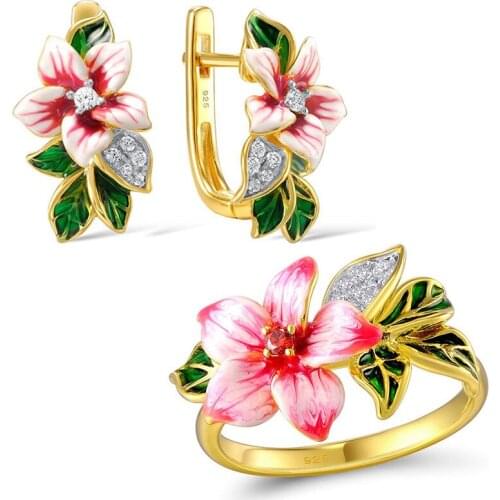 KOFSAC 2020 Hot Sale 925 Silver Jewelry Sets For Women Enamel Red Flower Zircon Gold Rings Earrings Lady Engagement Accessories