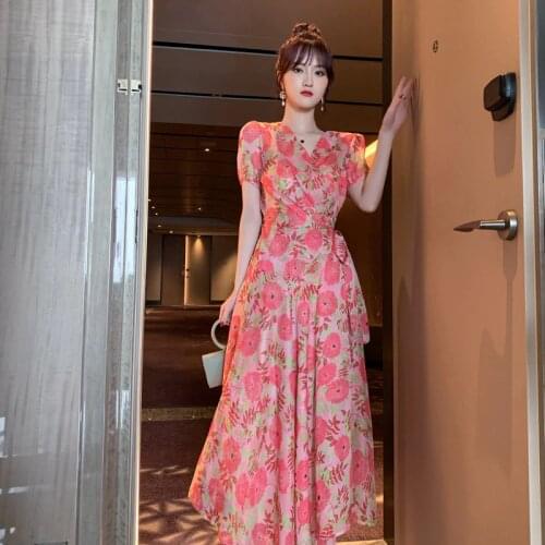 2021 Summer Dress Holiday Skirt Temperament V Collar High Waist Print Chiffon Dress Seaside Long Skirt