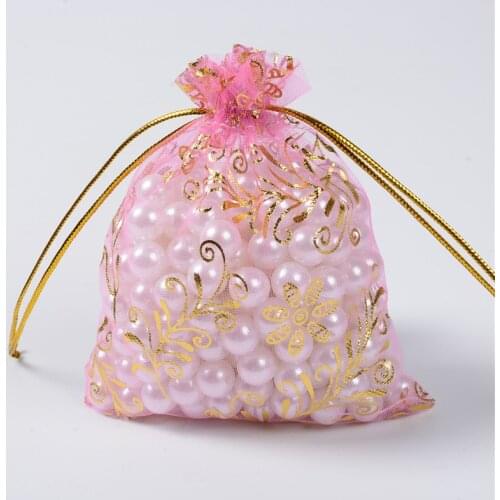 100pcs/lot 10x12cm Flower Gilding Organza Jewelry Cosmetic Bag Wedding Gift Drawable Bags Birthday Party Decoration Pouches