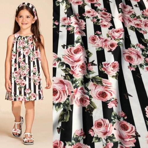 100x145cm Fashion Stripe Rose Flowers Butterfly Print Imitate Cotton Fabric For Woman Children Dress Blouse Pants DIY Sewing