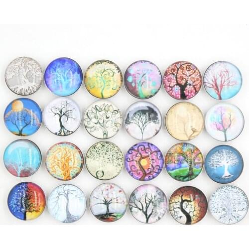 24pcs Wholesale New Arrival 18mm Cabochon Printed Glass Family Tree of Life Buttons for Snap Bracelet Earrings Ring Jewelry
