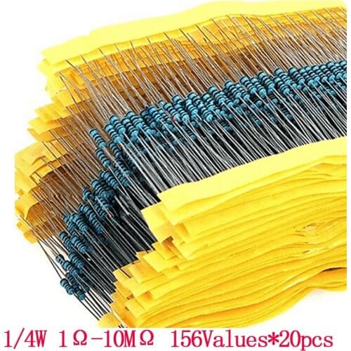 3120pcs 156 Value 1/4 watt Metal Film Resistor Assorted Kit,1% resistor samples pack 1 ohm-10M ohm DIY Electronic components set