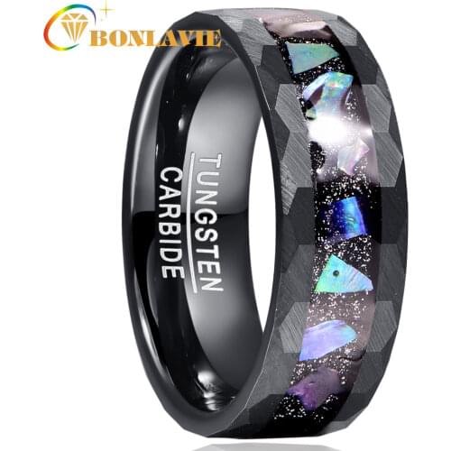 BONLAVIE 8mm Starry Sky Bottom Abalone Shell Edge Hammered Lasa Black Tungsten Carbide Ring Mens Fashion Wedding Jewelry Gift