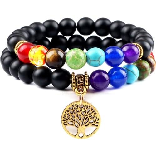 2Pcs/Set 7 Chakra Natural Stone Bracelet 8MM Lava Tiger Eye Beads Metal Life Tree Pendant Bangles Jewelry Gift for Friend New