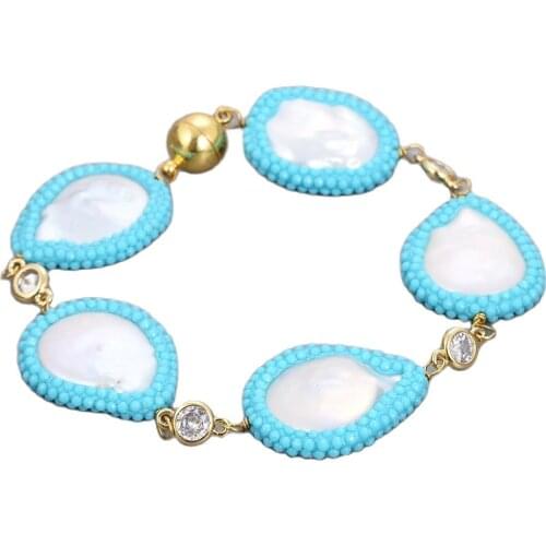 JK 8" White Coin Pearl Blue Crystal Pave Cz Bracelet