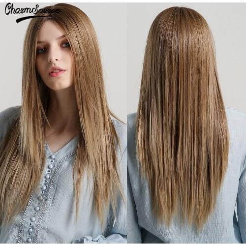 CharmSource Long Straight Lace Part Synthetic Wigs Ombre Blonde for White and Black Women Daily Use Hair Heat Resistant