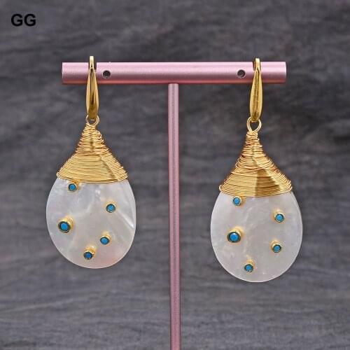 GG Jewelry Teardrop White Shell Mop Trimmed With Blue Cz Gold Plated Dangle Hook Earrings