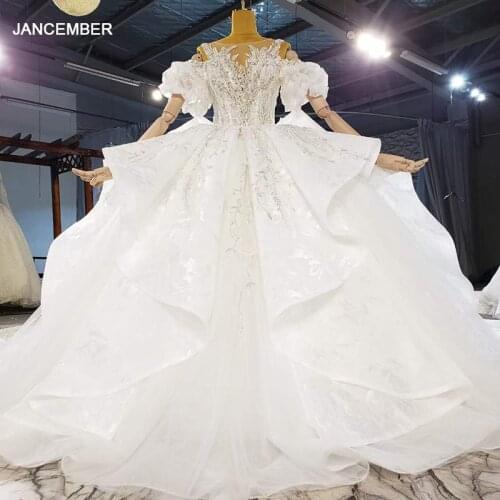 HTL2156 White Elegant Applique Print Pattern Design Frill Transparent Lace Women Wedding Dress Beading Beaded Embellishment