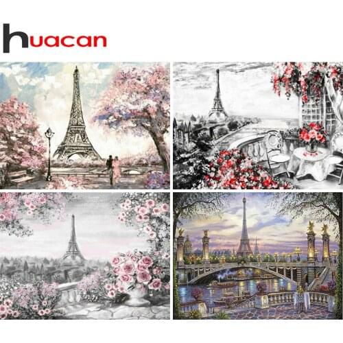 Huacan 5d Diamond Painting Full Drill Square Eiffel Tower Farmhouse Home Decor Mosaic Landscape Handmade Gift
