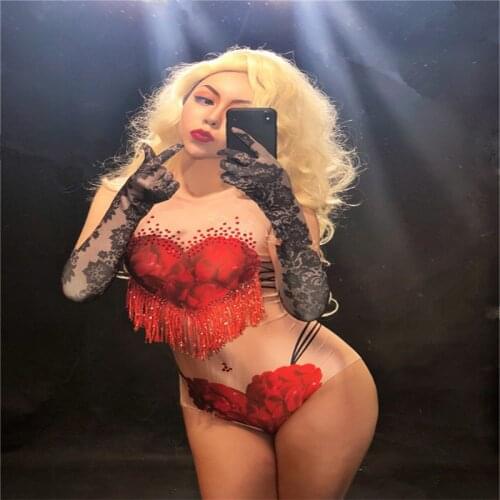 F96 Red sexy jumpsuit female rose High-slit bodysuit singer performance wears outfit sexy dresses clothe rose bikini disco bra