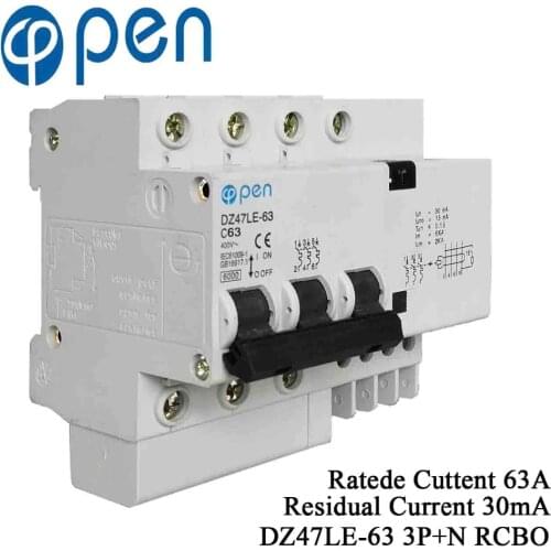 DZ47LE-63 3P+N 63A C Curve Residual Current 30mA Electromagnetic RCBO RCD for Overload and Short Circuit Protection