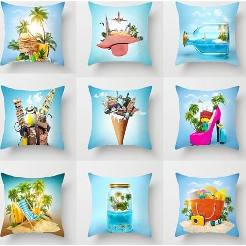 Summer travel scenery, blue ocean refreshing, coconut tree, pillowcase, home sofa bedside, cushion cover, decoration