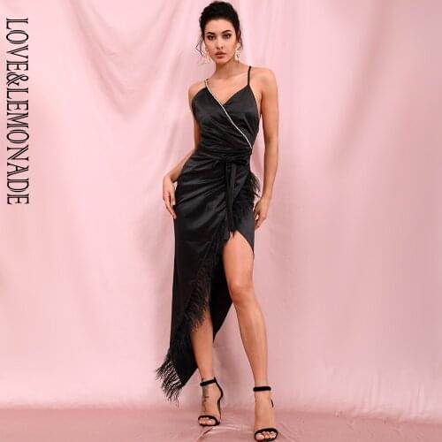 LOVE&LEMONADE Black Sexy Deep V-Neck Feather Rhinestone Decoration Cross Split Maxi Dress LM82440