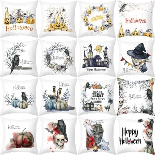 Cushion Cover for Halloween Decor Square Pillow Cover 45x45cm Crow Skull Pumpkin Printed Pillowcase for Living Room Decorative