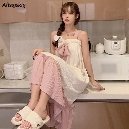 Nightgowns Women Lovely Sleeveless Trendy Candy Color Bow Solid Summer Strap Korean Style Mid-calf Comfort Leisure Homewear New