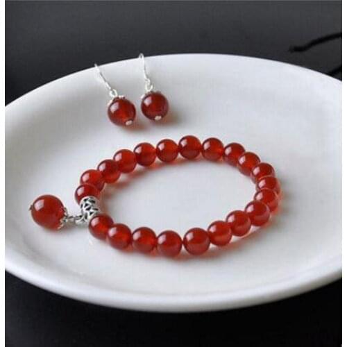 New hot Beautiful handmade Tibet silver Red ruby jade earrings bracelet 7.5 ~ 8 inches