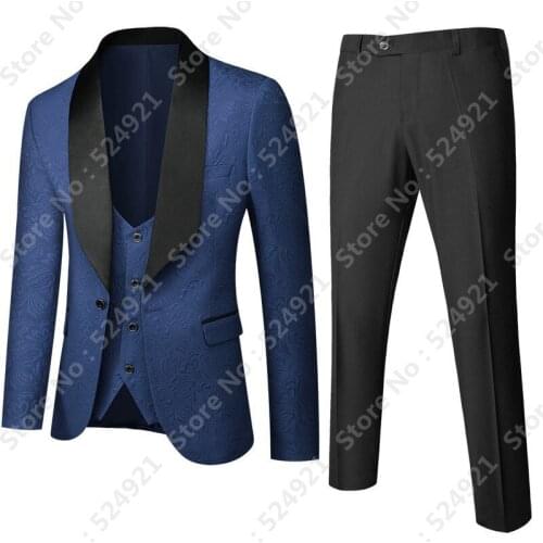 New Style Men Suits Navy Blue and Black Groom Tuxedos Shawl Lapel Groomsmen Wedding Best Man ( Jacket+Pants+Vest+Tie ) D53