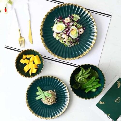 Solid green ceramic plate gold trim dessert plate kitchenware salad bowl