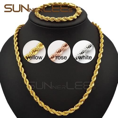 6mm Fashion Jewelry Mens Womens Gift Rose Gold Color Necklace Bracelet Set Optional Rope Twisted Chain C44 S