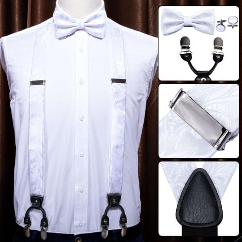 For Men White Paisley Suspenders Shirt Bow Tie Hanky Set Woven Y-Back Silk Suspender No-slip Silver Clips Barry.WangBB-2006