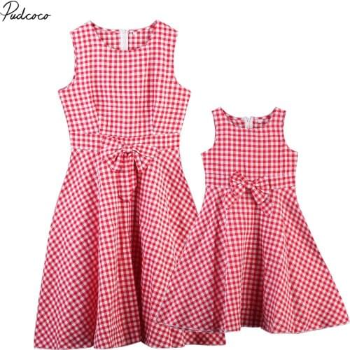 Pudcoco Family Matching Outfits Mother And Daughter Clothes Sleeveless Red Plaid Bow Knot Dress Helen115