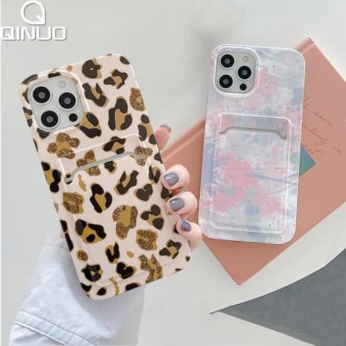 Luxury Card Holder Leopard Print Case For iPhone 11 12 Pro Max XS X XR 7 8 Plus SE 2020 Marble Flower Soft Silicone Wallet Cover