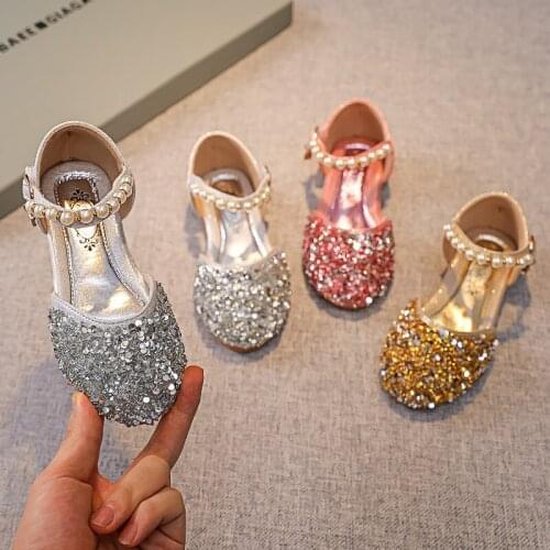 Girls Sandals Dance Shoes Princess Pearl Cute Sweet Kids Casual Flats Hot All-match 21-36 Lady Shoes Chic for Wedding Sequined