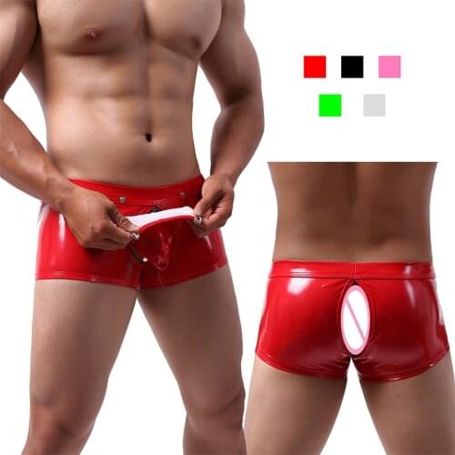 Sexy Gay Erotic Underwear Open Butt Mens Shiny Faux Leather Boxer shorts Wet Look Underpants Open Crotch Pouch Male Panties
