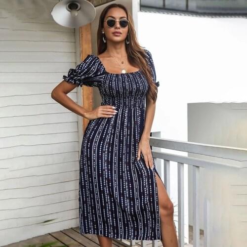 Chiffon Clothes For Women Fashion Print Summer Womens Dresses 2021 Vintage Square Collar Puff Sleeve Midi Dress Vestidos Split