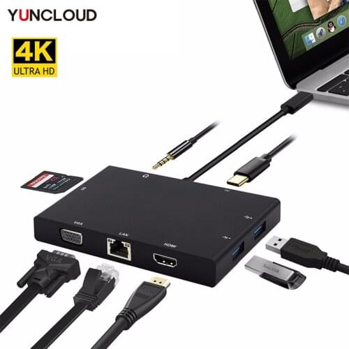 YUNCLOUND USB HUB RJ45 Type C to HDMI VGA LAN Card Reader Audio PD Charging USB 3.0 Hub for Macbook Samsung S8/S9 Huawei P20 Pro