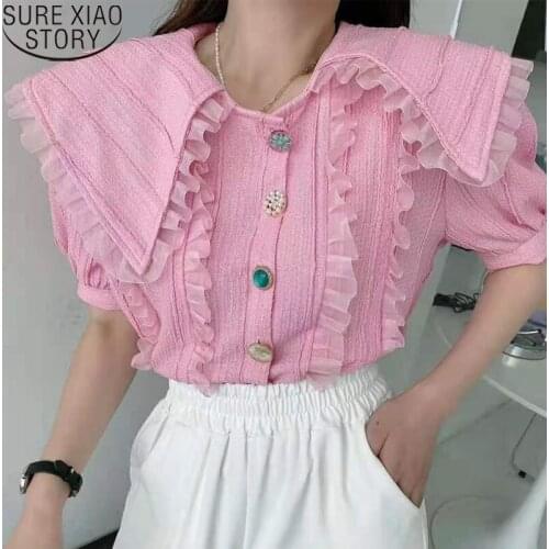 Causal Pink Blouse Women Tops 2021 New Summer Korean Sweet Puff Sleeve Top Shirt Doll Collar Ruffles Blouses Blusa Mujer 14875