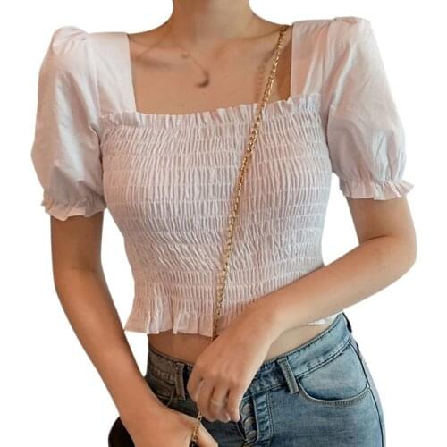 Women Summer Solid Blouse Square Collar Sweet Puff Sleeves Exposed Navel Cropped Shirt Female Tops