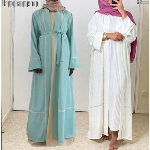 Women Pure Colour Casual Kaftan Dubai Abaya Kimono Long Cardigan Coat With Belt Muslim Islamic Long Sleeve Dress Party Robe Gown